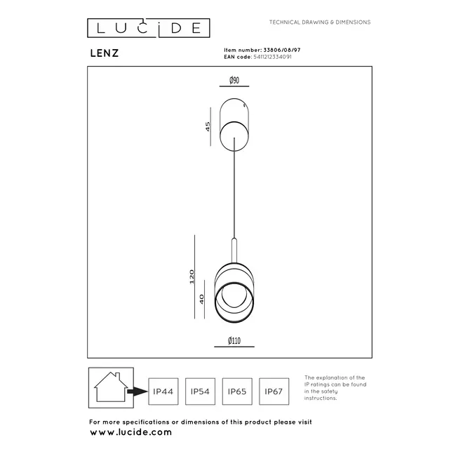LENZ - Suspension Intérieur/Extérieur - Ø 11 cm - LED - 1x8W 2700K - IP54 - Rouille | Essential - 33806/08/97