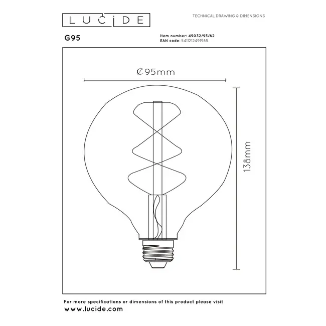 G95 - Ampoule filament - Ø 9,5 cm - E27 - 1x4,9W 2200K - Ambre - 49032/95/62