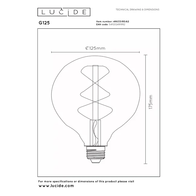 G125 - Ampoule filament - Ø 12,5 cm - E27 - 1x4,9W 2200K - Ambre - 49033/95/62