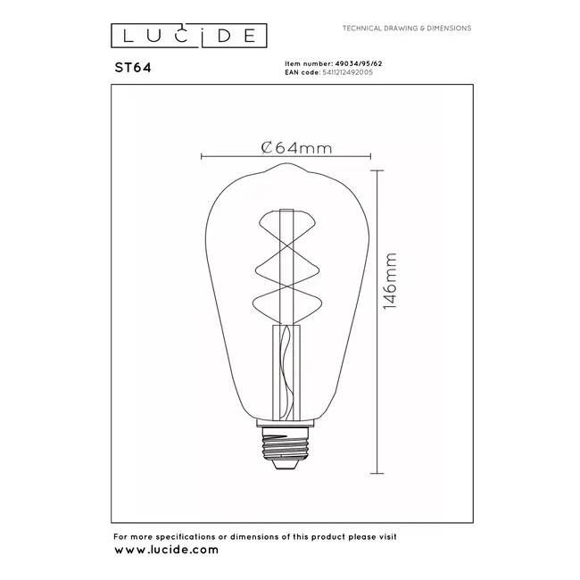 ST64 - Ampoule à filament - Ø 6,4 cm - LED 3 StepDim (Memory) - E27 - 1x4,9 W 2200 K - Ambre - 49034/95/62