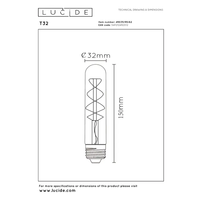 T32 - Filament lamp - Ø 3 cm - LED 3 StepDim (Memory) - E27 - 1x4,9W 2200K - Amber - 49035/95/62