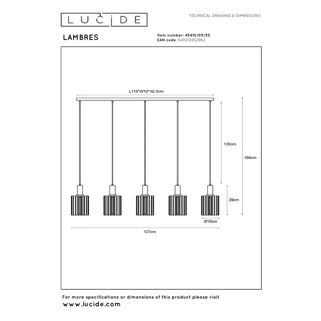 LAMBRES - Suspension - 5xE27 - Noir - 45410/05/30