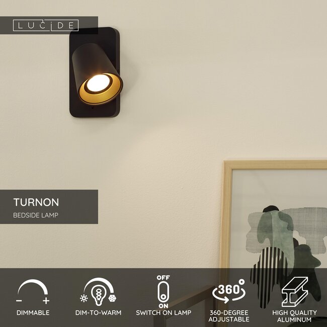 TURNON - Bedlamp / Wandlamp - LED Dim to warm - GU10 - 1x5W 2200K/3000K - Zwart - 09928/05/30