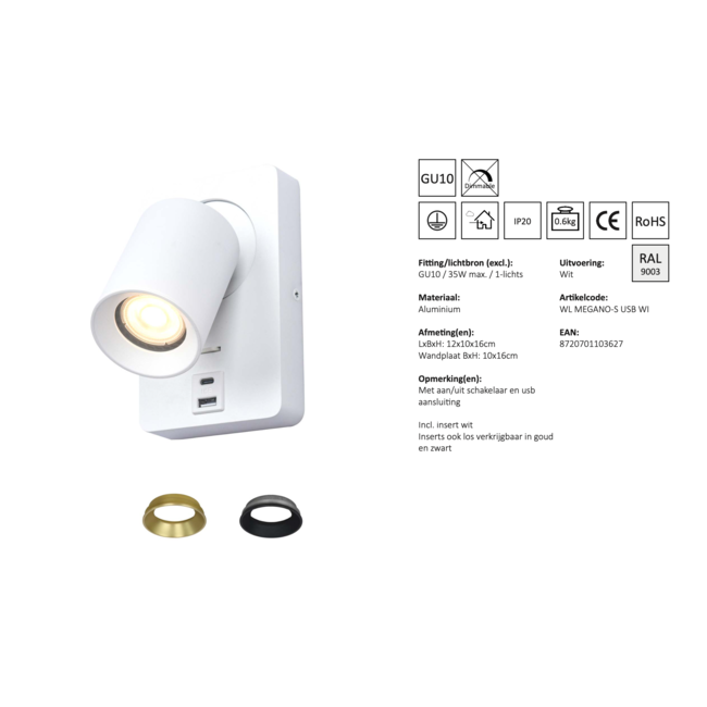 MEGANO-S USB - Wandlamp GU10 - Wit