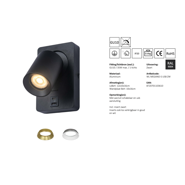 MEGANO-S USB - Applique GU10 - Noir