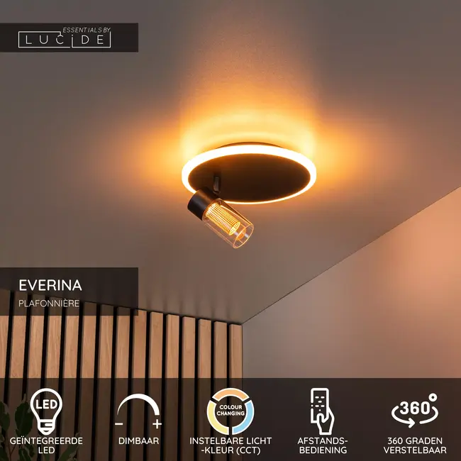 EVERINA - Flush ceiling light - Ø 23 cm - LED Dim. - CCT - 2200K/6500K - Black | Essential - 00131/23/30