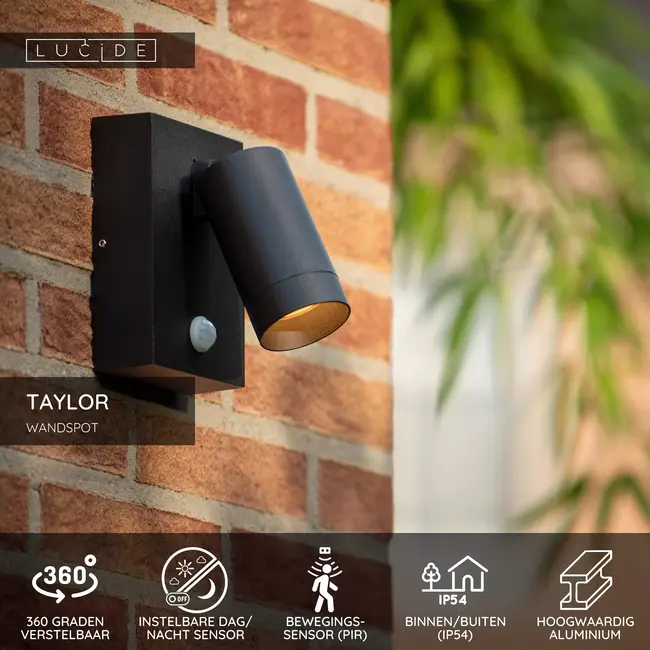TAYLOR - Wall spotlight / Wall light Indoor/Outdoor - 1xGU10 - IP54 - Motion Sensor - Black - 09831/01/30