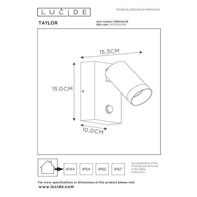 TAYLOR - Wall spotlight / Wall light Indoor/Outdoor - 1xGU10 - IP54 - Motion Sensor - Black - 09831/01/30