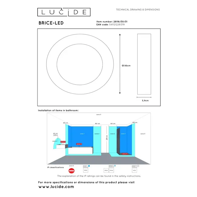 BRICE-LED - Flush ceiling light Bathroom - Ø 30 cm - LED Dim. - 1x30W 3000K - IP44 - White - 28116/30/31