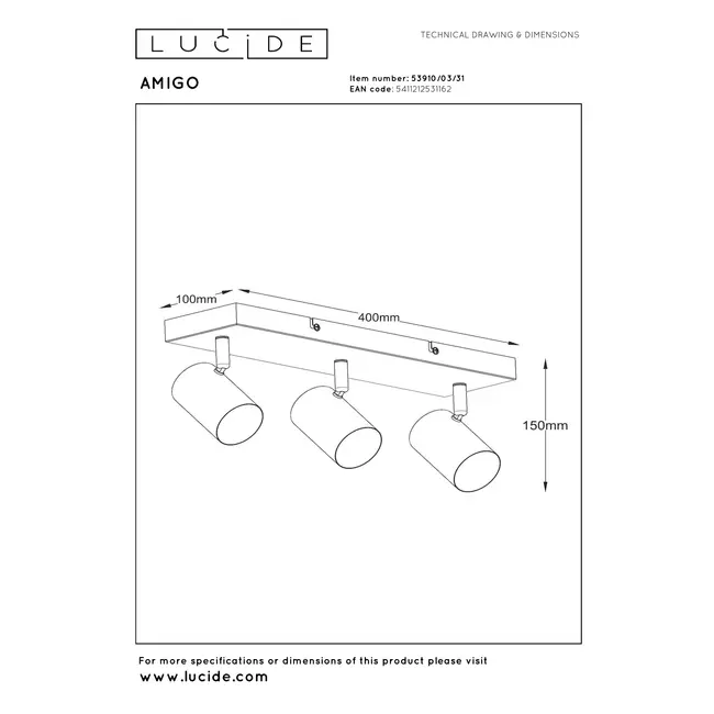 AMIGO - Spot de plafond - 3 x GU10 - Blanc - 53910/03/31