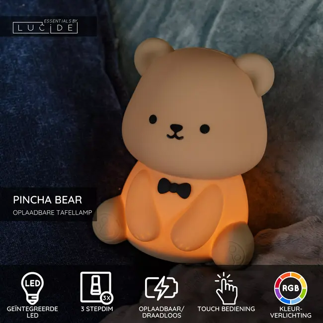 PINCHA BEAR - Lampe de table Rechargeable Chambres d'enfant - Batterie/Piles - LED 3 StepDim - 1x0,5W 2100K - Rvb - Brun | Essential - 54500/01/43
