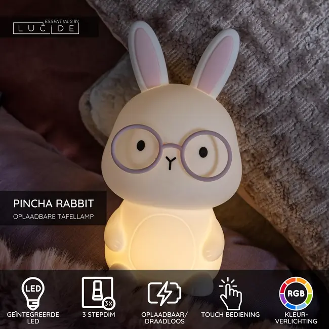 PINCHA RABBIT - Oplaadbare Tafellamp Kinderkamer - Accu/Batterij - LED 3 StepDim - RGB - Wit | Essential - 54500/01/66