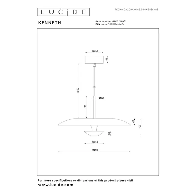Premium KENNETH - Pendant light - Ø 40 cm - LED Dim. - 1x12W 2700K - White - 41412/40/31