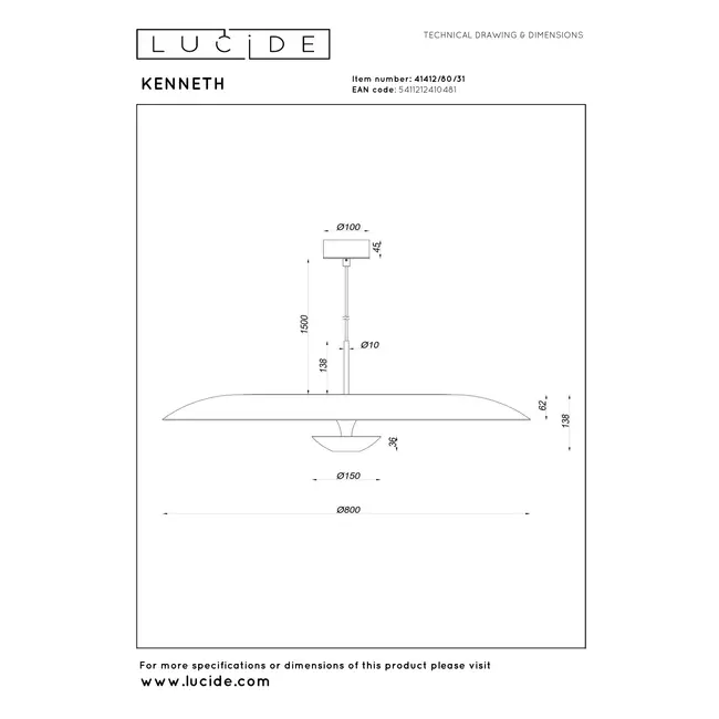 Suspension Premium KENNETH - Ø 80 cm - LED à intensité variable - 1 x 22 W 2700 K - Blanc - 41412/80/31