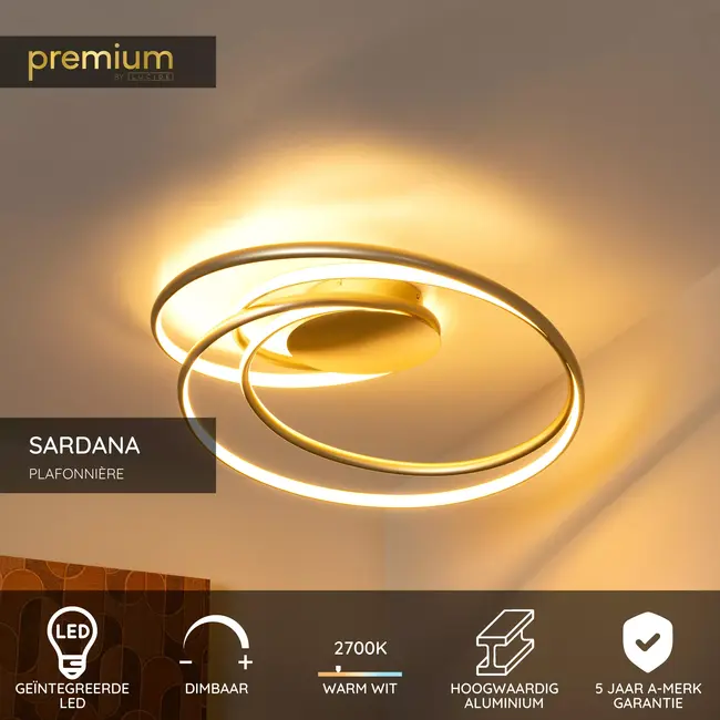 Premium SARDANA - Plafonnière - LED Dimb. - 1x54W 2700K - Mat Goud / Messing - 52100/54/02