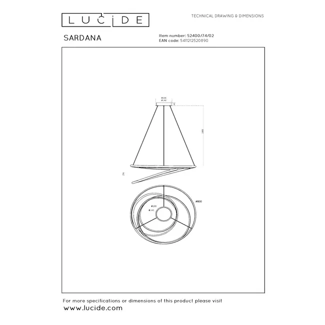 Premium SARDANA - Hanging lamp - Ø 80 cm - LED Dimming. - 1x74W 2700K - Matt Gold / Brass - 52400/74/02