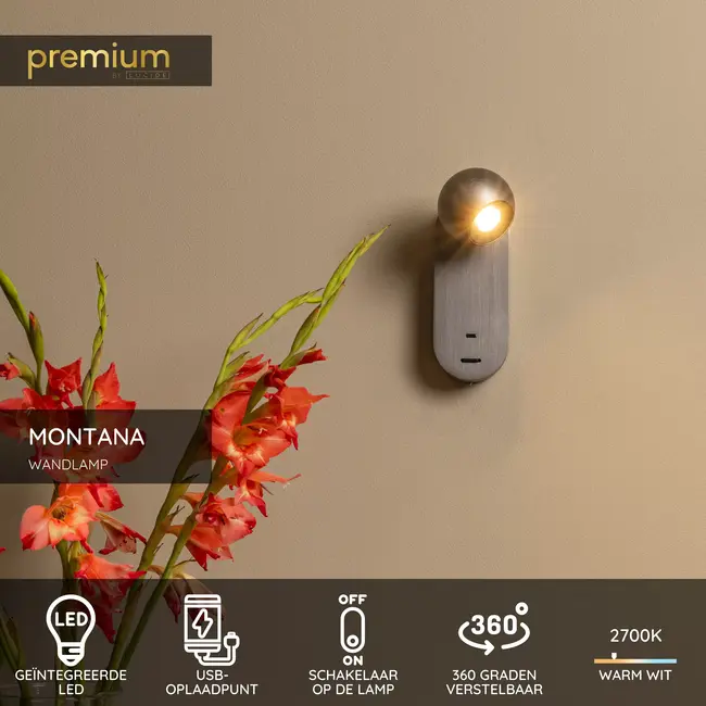 Applique murale Premium MONTANA - LED - Température de couleur - 1 x 6,3 W 2700 K/4000 K - Port de chargement USB - Gris fer - 68200/06/15