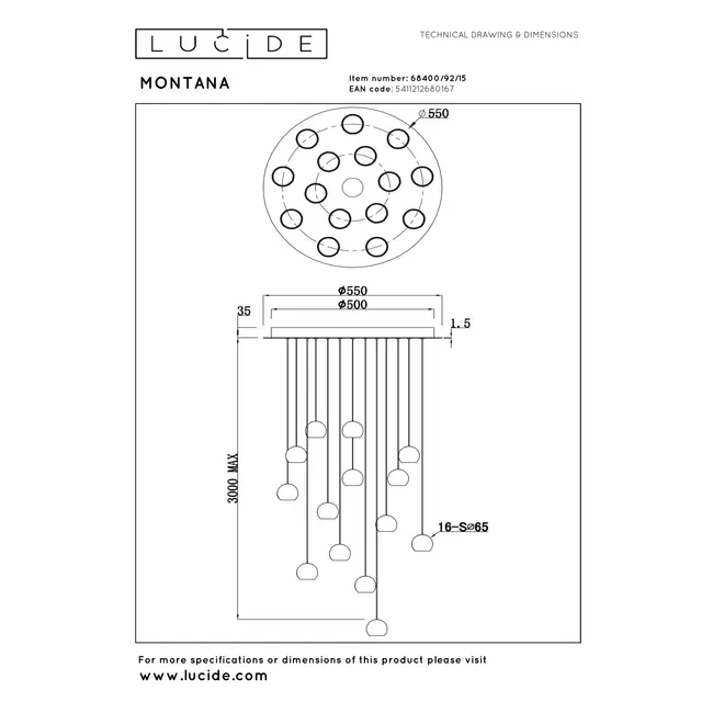 Premium MONTANA - Pendant Lamp - LED Dimmable - CCT - 16x5.7W 2700K/4000K - Grey Iron - 68400/92/15