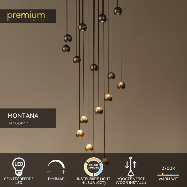 Premium MONTANA - Hanglamp - LED Dimb. - CCT - 16x5,7W 2700K/4000K - Koffie - 68400/92/96