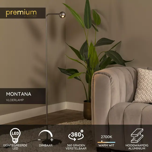 Premium MONTANA - Floor lamp - LED Dimmable - 1x6.3W 2700K - Grey iron - 68700/05/15