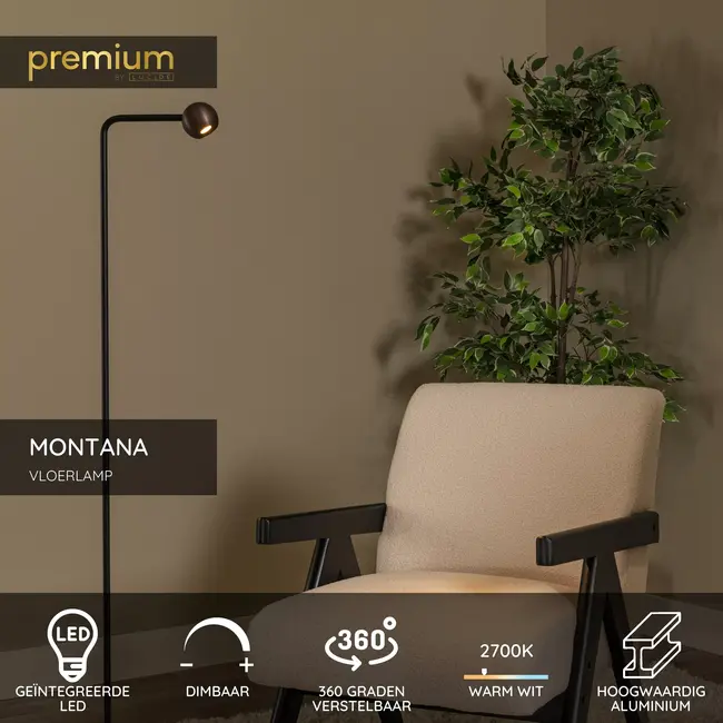 Premium MONTANA - Lampadaire - LED à intensité variable - 1 x 6,3 W 2700 K - Couleur café - 68700/05/96