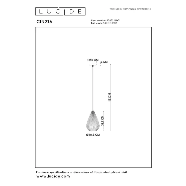 CINZIA - Hanglamp - Ø 18,3 cm - 1xE27 - Wit - 13452/01/31