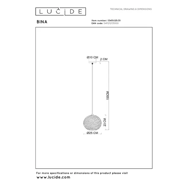 BINA - Pendant lamp - Ø 25 cm - 1xE27 - White - 13451/25/31