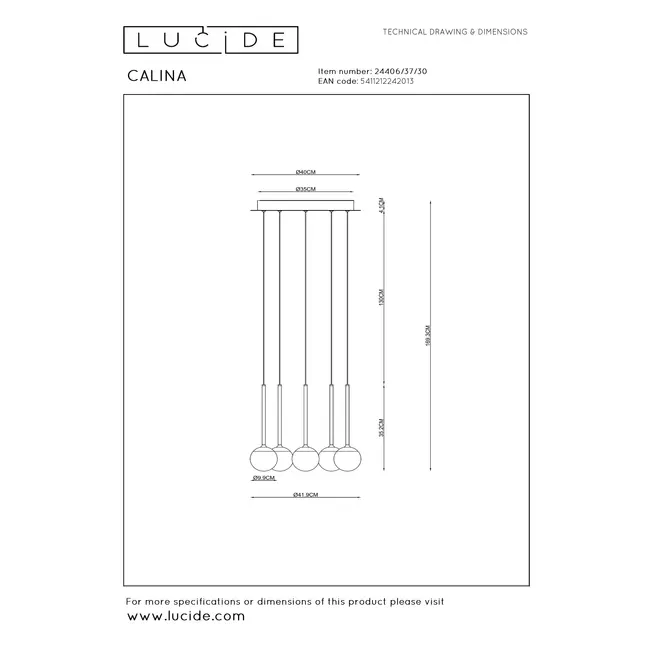 Premium CALINA - Pendant lamp - Ø 41.9 cm - LED Dimmable - CCT - 5x7.4W 2200K/3300K - Black - 24406/37/30