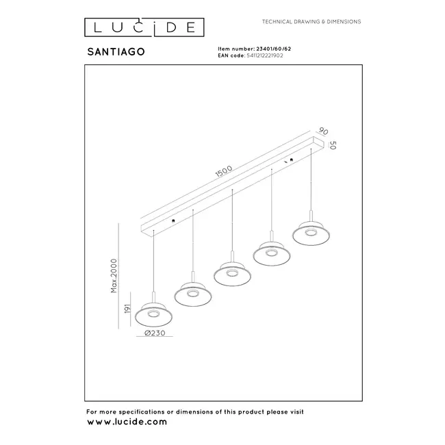 Suspension Premium SANTIAGO - LED à intensité variable - Température de couleur - 5 x 10 W 2700 K/4000 K - Ambre - 23401/60/62