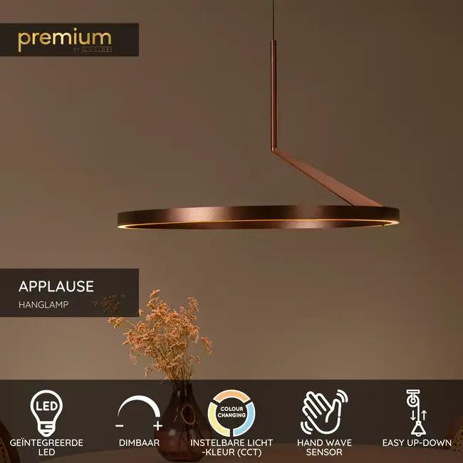 Premium APPLAUSE - Hanglamp - Ø 60 cm - LED Dimb. - CCT - 1x32W 2700K/4000K - Handbewegingssensor - Koffie - 23400/60/96