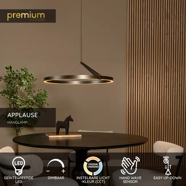 Premium APPLAUSE - Hanglamp - Ø 60 cm - LED Dimb. - CCT - 1x32W 2700K/4000K - Handbewegingssensor - Grijs ijzer - 23400/60/15