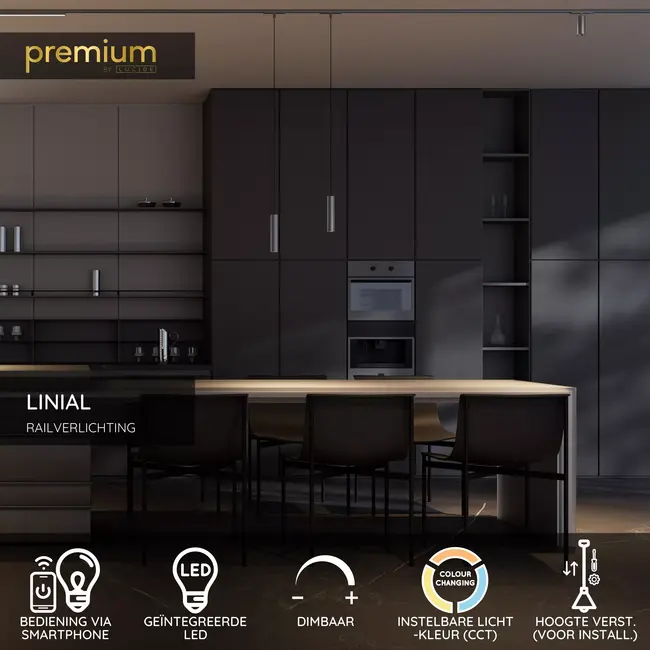 Premium LINIAL LUXUS Hanglamp - 1-fase Railsysteem / Railverlichting - Smart - 48V Track - 1xLED - Mat Zwart Chroom - 55906/08/08