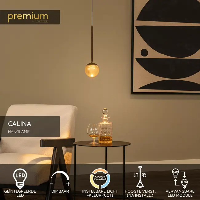 Premium CALINA - Pendant light - Ø 9,9 cm - LED Dim. - CCT - 1x7W 2200K/3300K - With replaceable LED module - Coffee - 24406/07/96