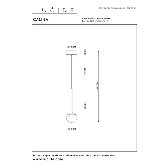 Premium CALINA - Pendant light - Ø 9,9 cm - LED Dim. - CCT - 1x7W 2200K/3300K - With replaceable LED module - Coffee - 24406/07/96