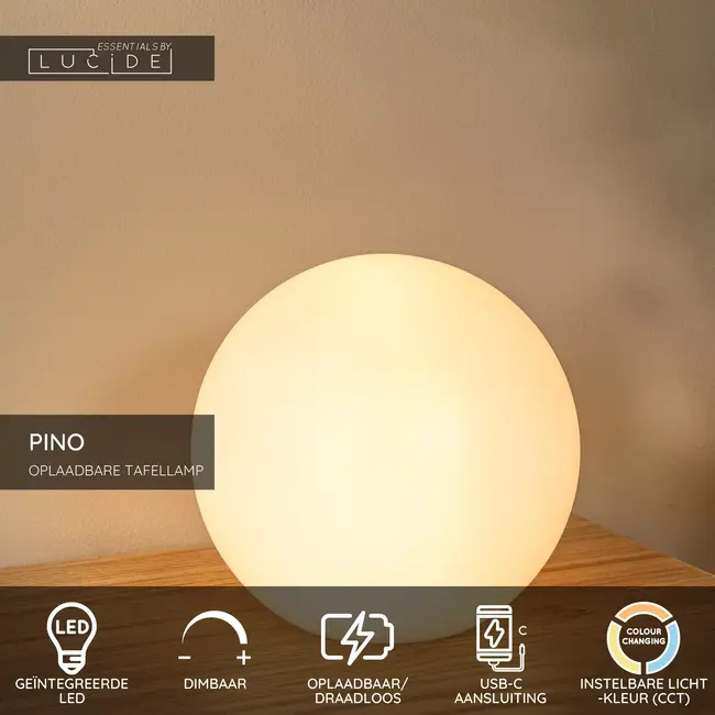 PINO - Lampe de table Rechargeable Intérieur/Extérieur - Batterie/Piles - LED Dim. - CCT - 1x1,5W 2700K/6500K - IP65 - Rvb - Blanc | Essential - 06529/15/31