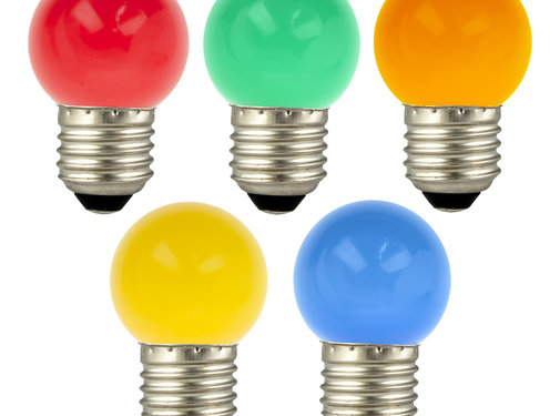 EcoPack 5st LED Party Bulb G45 E27 1W Multi-colour Rood, Groen, Blauw, Geel and Oranje 230V-240V 45x70mm P45 IP44 Plastic Feest verlichting