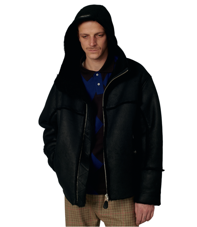 RASSVET Men Shearling Hooded Jacket - Black
