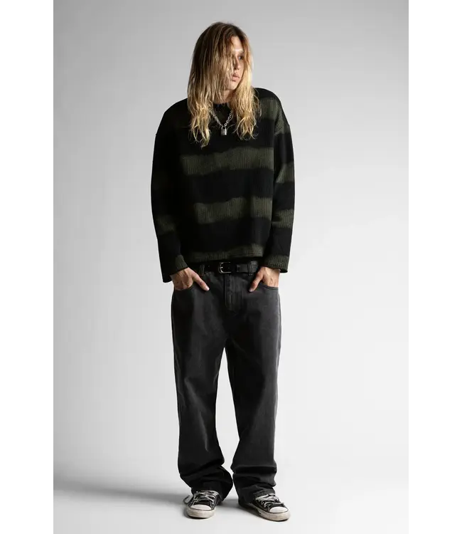 WASTED PARIS Script Stripped Crewneck - Black / Army Green