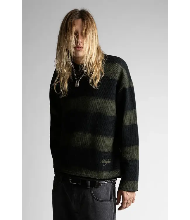 WASTED PARIS Script Stripped Crewneck - Black / Army Green