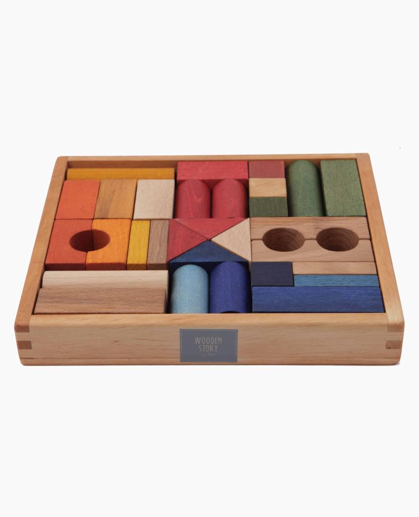Prestige los van Verlaten Wooden story Houten speelgoed blokken in bak - regenboog 30 blokken - Ziloen