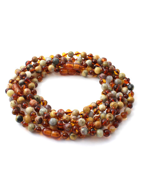Amber Dames barnsteenketting met edelstenen 45cm - agaat/cognac