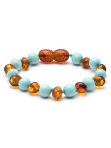 Amber Barnsteen baby armbandje met edelstenen 14cm - turkoois/cognac