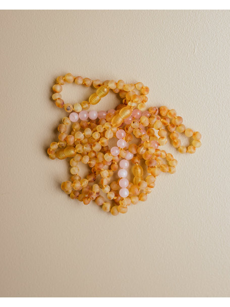 Amber Barnsteen dames enkelband met edelstenen 25cm - rozenkwarts/honey raw