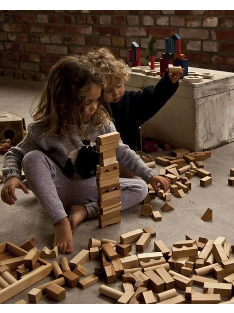 Wooden Story Houten speelgoed blokken in bak - naturel 63 blokken