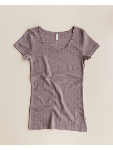 Unaduna Dames short sleeves ajour streepje wol/zijde - heather melange