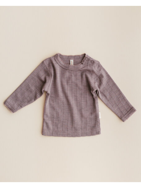 Unaduna Babyshirt longsleeves ajour streepje wol/zijde - heather