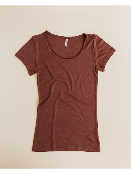 Unaduna Dameshemd short sleeves pointelle wol/zijde - henna dune