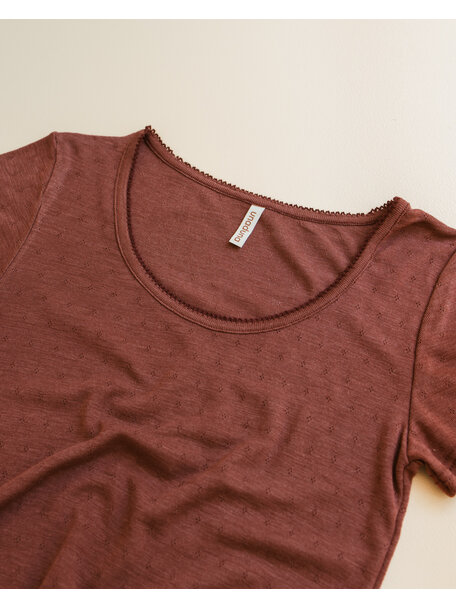 Unaduna Dameshemd short sleeves pointelle wol/zijde - henna dune