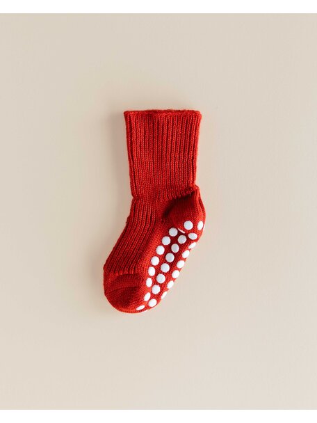 Hirsch Natur Wollen sokken met anti-slip stippen - rood