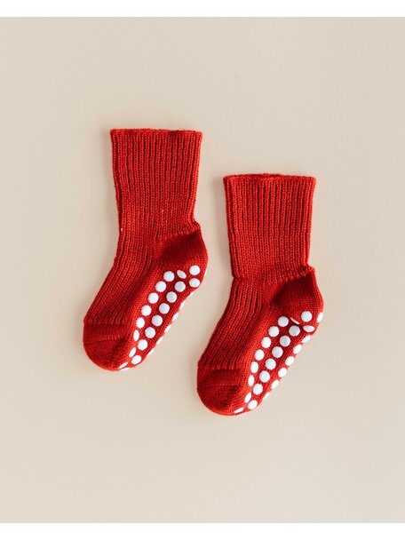 Hirsch Natur Wollen sokken met anti-slip stippen - rood
